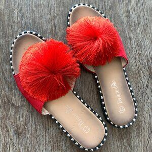 Verano Rio Shoes Red Pom Silver Stud Mule Sandal